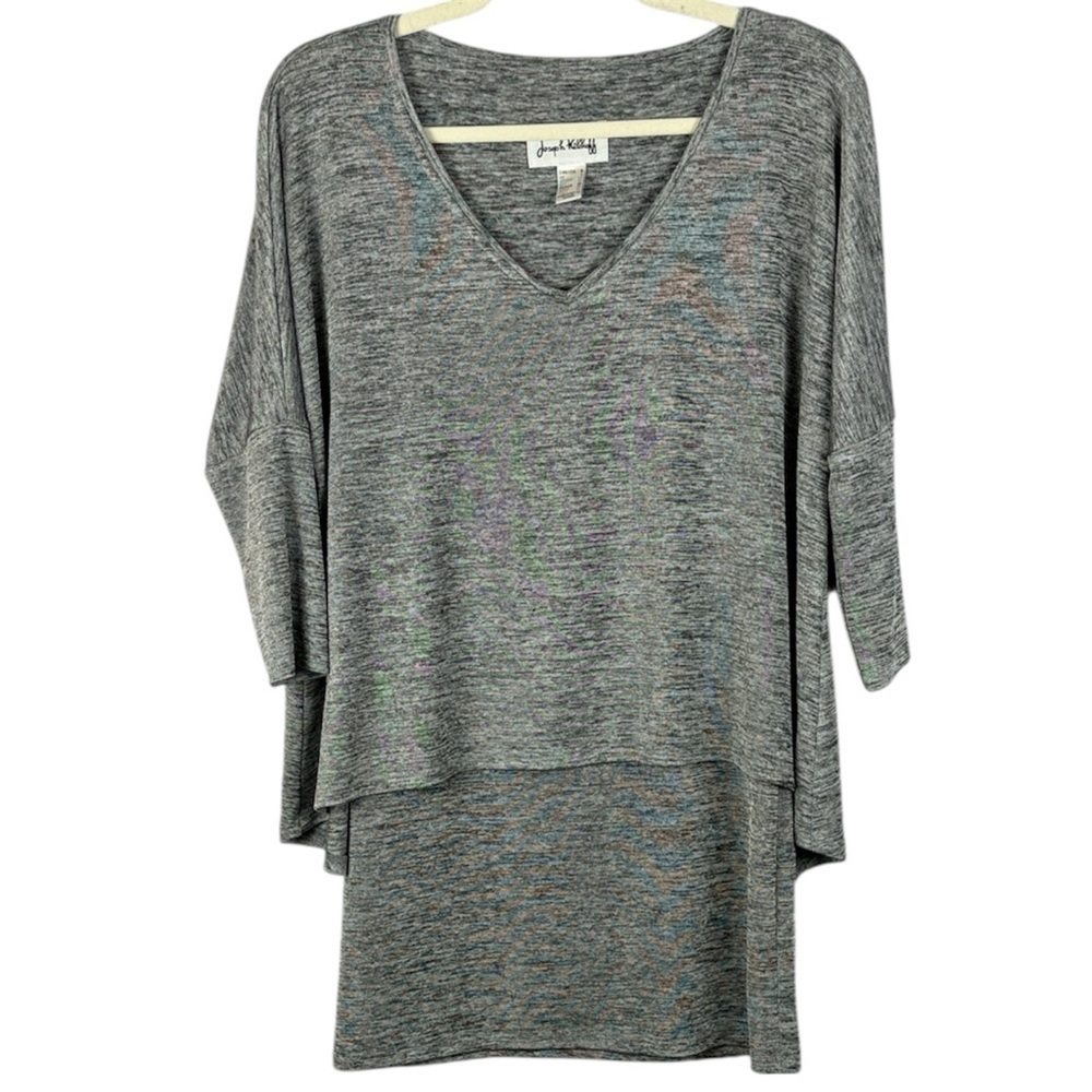 Joseph Ribkoff Grey Marl Double-Layer V-Neck High-Low Tunic Top - Size 6